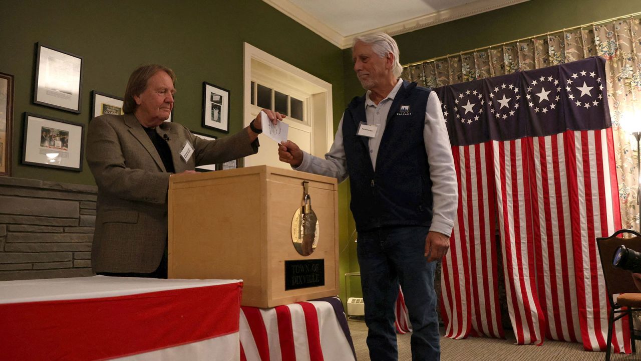 A man votes in the 2024 US presidential election on Election Day in Dixville Notch, New Hampshire, on Tuesday, November 5.