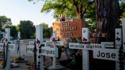 UVALDE, TEXAS - APRIL 27: A memorial dedicated to the 19 children and two adults murdered on May 24, 2022 during the mass shooting at Robb Elementary School is seen on April 27, 2023 in Uvalde, Texas. The town of Uvalde prepares to mark the 1-year anniversary of the 19 children and two adults murdered during last year's mass shooting at Robb Elementary School. (Photo by Brandon Bell/Getty Images)