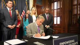 Texas Gov. Greg Abbott signs into law HB 900, legislation that prohibits sexually explicit material in Texas public school libraries, at the Capitol in Austin, Texas, on Monday June 12, 2023. (Jay Janner/Austin American-Statesman via AP)