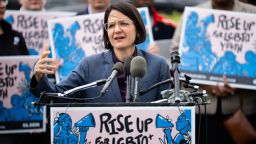 Vermont Rep. Becca Balint speaks during a news conference with members of the Congressional Equality Caucus on the "Day of (NO) Silence on Friday, April 12, 2024.