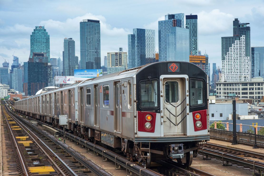 The 7 Train rolls in Queens, New York, along an elevated line from Manhattan to Flushing.